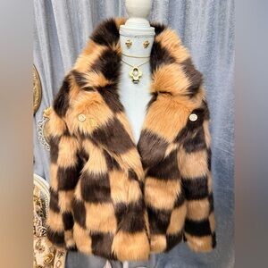 Brown and Tan Checkered Faux Fur Jacket